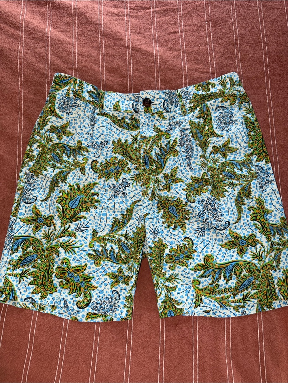 Men's Paisley Print Cotton Flat-Front Shorts in White and Green